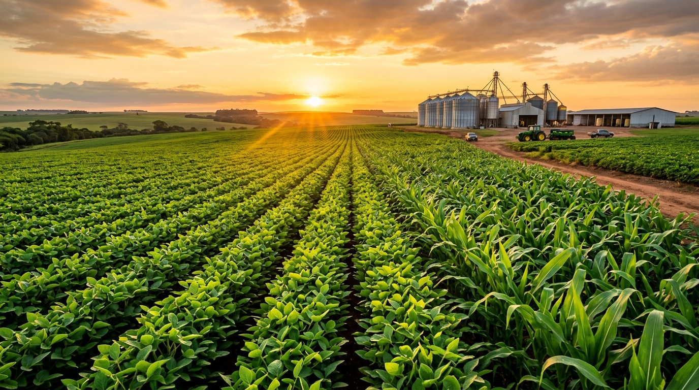 Lavoura verde e produtiva ao entardecer com silos e maquinário agrícola moderno